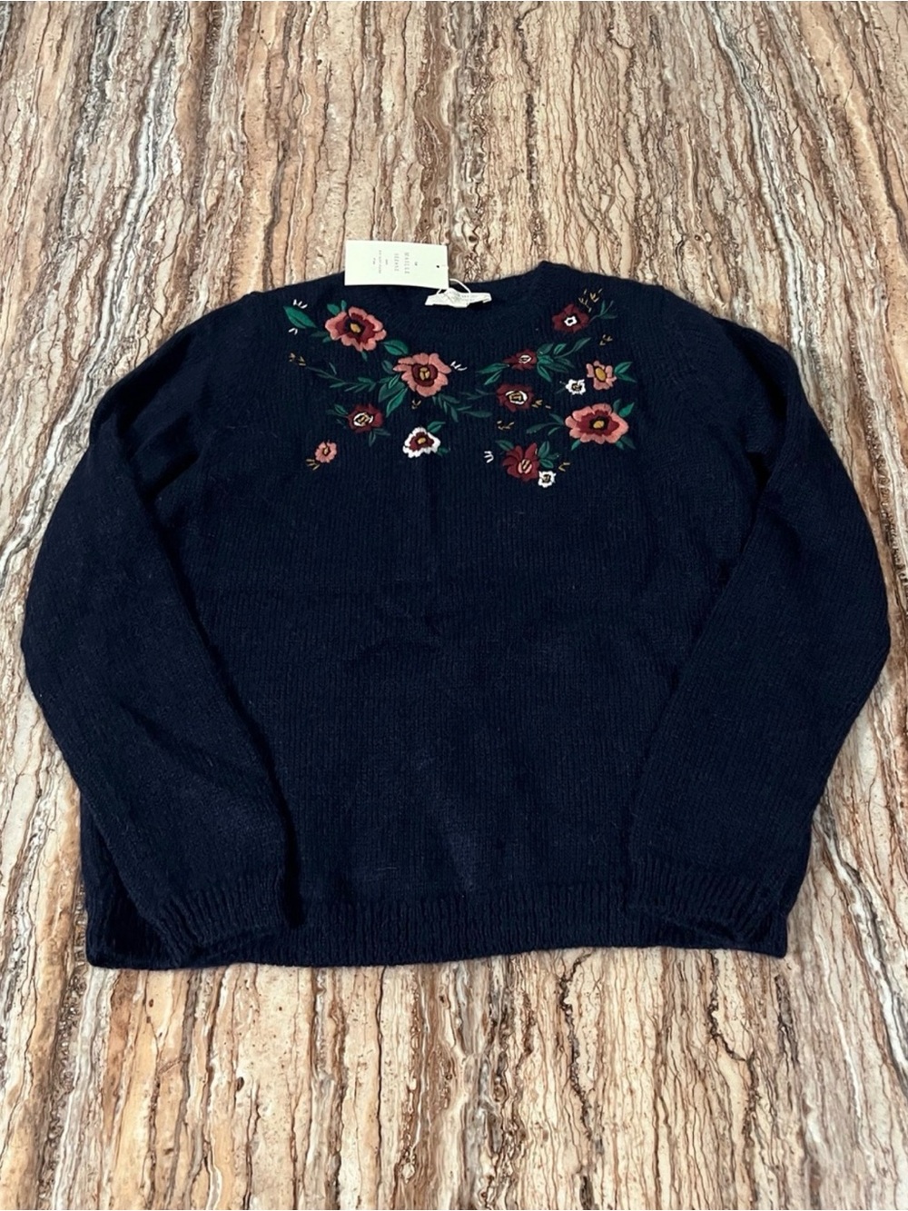 SEZANE - Embroidered Floral Crewneck Sweater - Navy - NWT - M - Cute For Winter✨